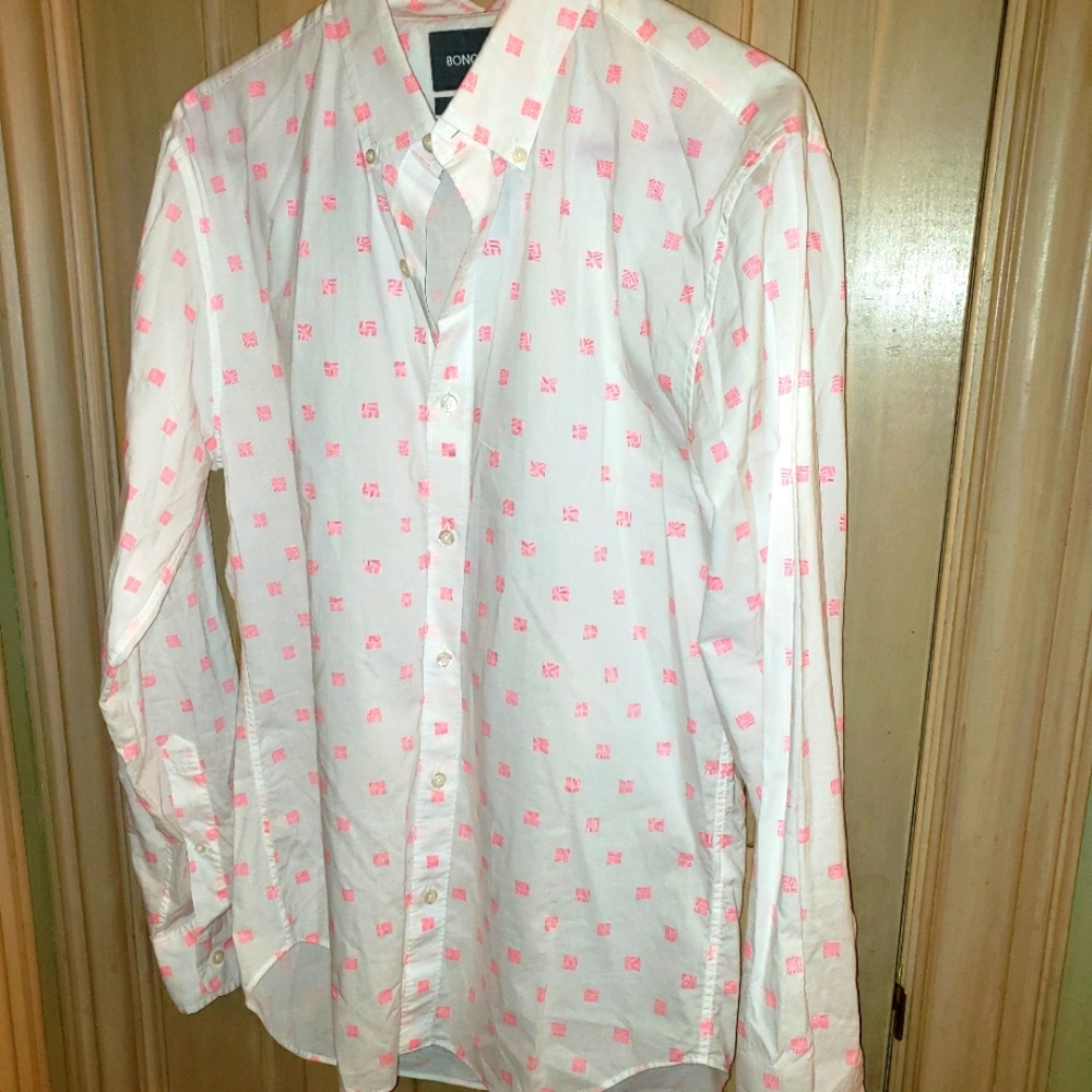 Mens sz M Bonobos Long sleeve pink white geometric shirt